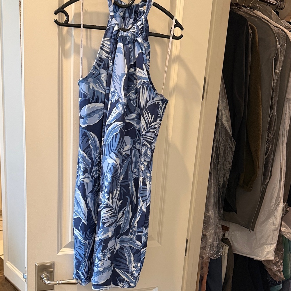 Tommy Bahama Navy and Light Blue Tropical Halter Dress